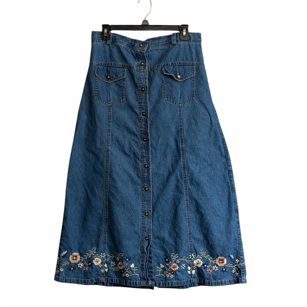 Vtg Studio West Medium Denim Blue Maxi Skirt Floral Embroidered Trim Cottagecore